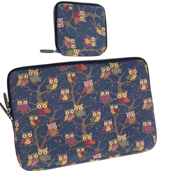 Kamor 2 piece laptop sleeve with wallet owl animal padded bohemian computer case - Picture 1 of 10